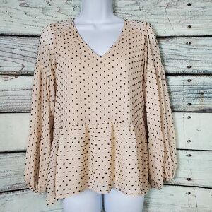 Maurices Women’s Blouse XS Beige Black Polka Dot Long Sleeve Peplum Top NWT